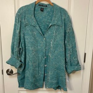Scott Taylor Womens 3X Green Floral 3/4 Sleeve Button Up Shirt.